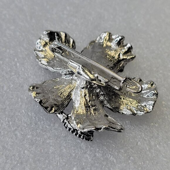 Antique Rhodium Hibiscus Brooch Medium Size Pin - Picture 3 of 6